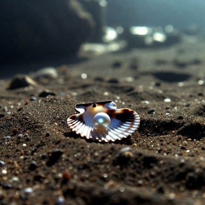 Scallop shell with pearl on beach sand