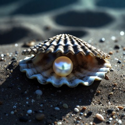 Open seashell with pearl on sand