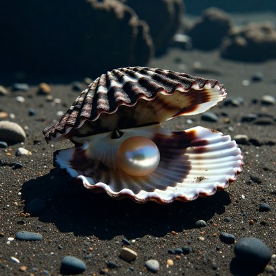 Open Seashell with Pearl on Beach