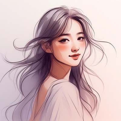 Beautiful Asian woman with flowing gray hair