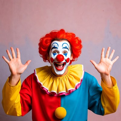 Clown with hands raised excitedly