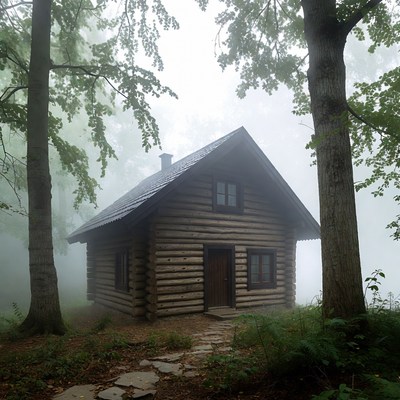 Log Cabin in Misty Forest