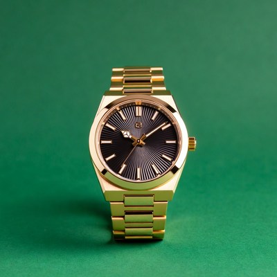 Gold luxury watch on green background