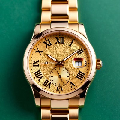 Gold Wristwatch on Green Background