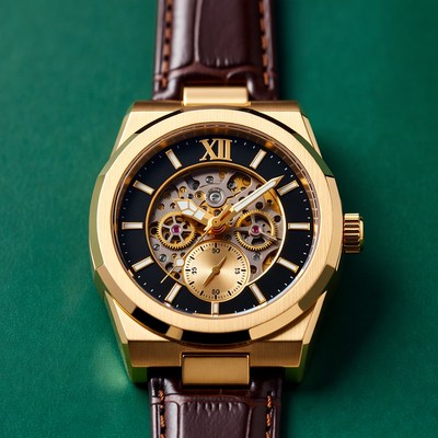 Gold Skeleton Automatic Watch on Green Background