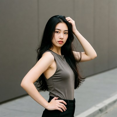 Asian woman posing against gray wall
