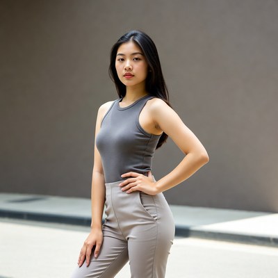 Asian woman posing in gray outfit