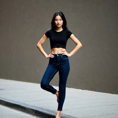 Asian woman in crop top and jeans