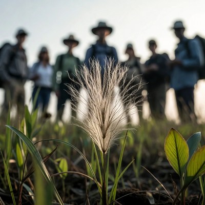 Closeup grass plant with blurred hikers