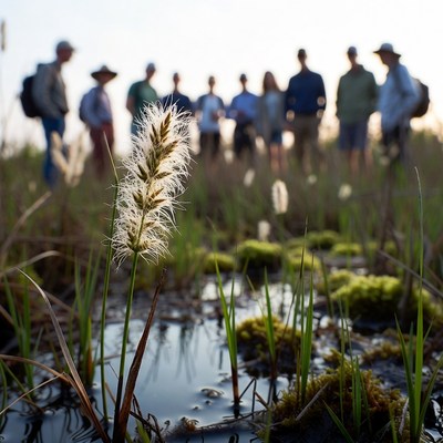 Closeup foxtail grass with blurred hikers