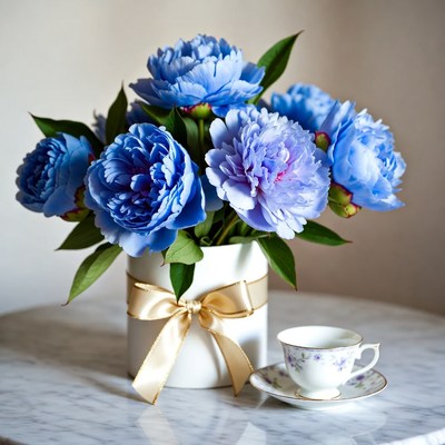 Blue Peonies Bouquet in White Pot