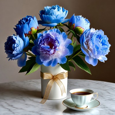 Blue Peonies Bouquet with Teacup