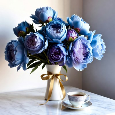 Blue Peonies Bouquet in White Vase