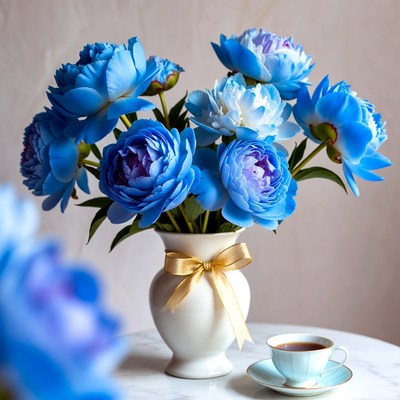 Blue Peonies in White Vase