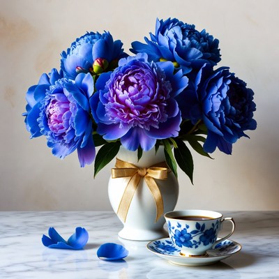 Blue Peonies in Vase with Teacup