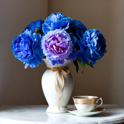 Blue Peonies in Vase with Teacup