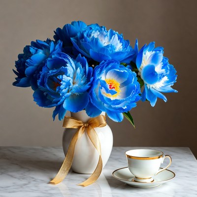 Blue Peonies Bouquet with Teacup