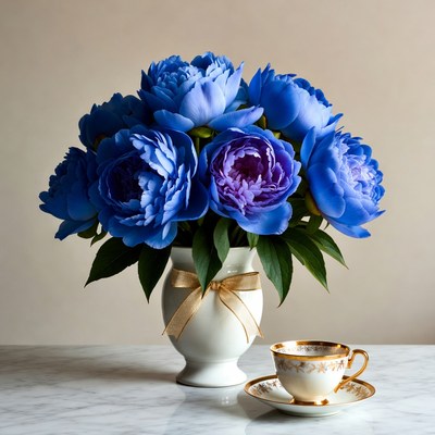 Blue Peonies Bouquet with Teacup