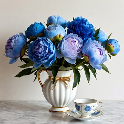 Blue Peonies in White Pitcher