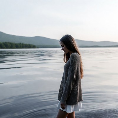 Woman standing by lake in sweater