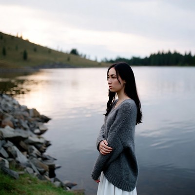 Asian woman by lake at sunset