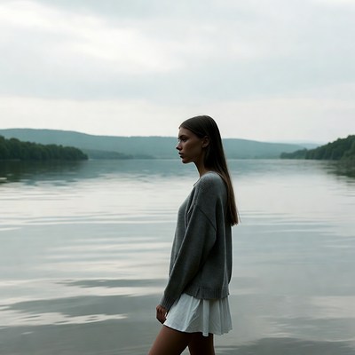 Woman standing by calm river