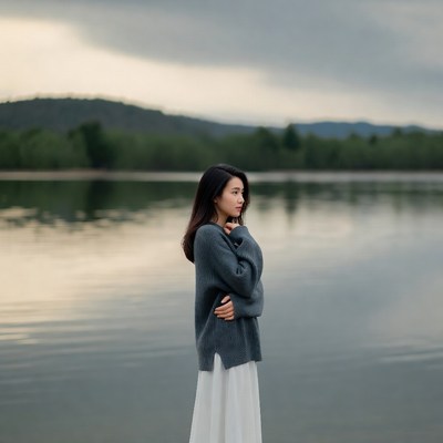Asian woman standing by lake