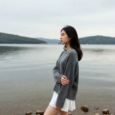 Asian woman in gray sweater by lake