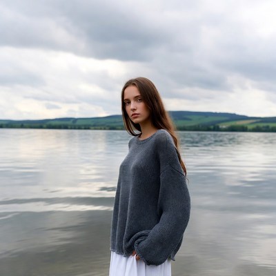 Woman in gray sweater by lake