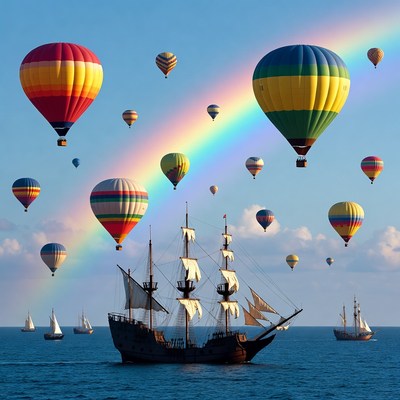 Sailing Ship with Hot Air Balloons and Rainbow