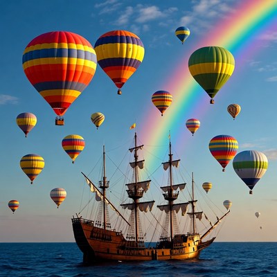 Hot Air Balloons Over Sailing Ship