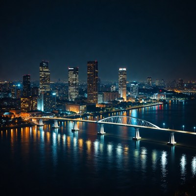 Night skyline with illuminated bridge over river