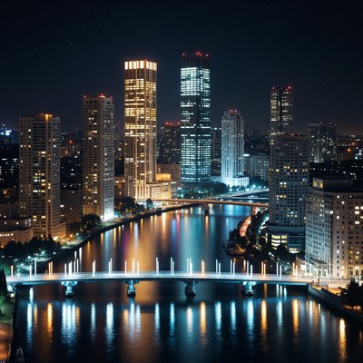 Night skyline with river and bridge