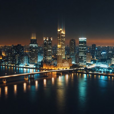 Vibrant Night Skyline Over River Bridge