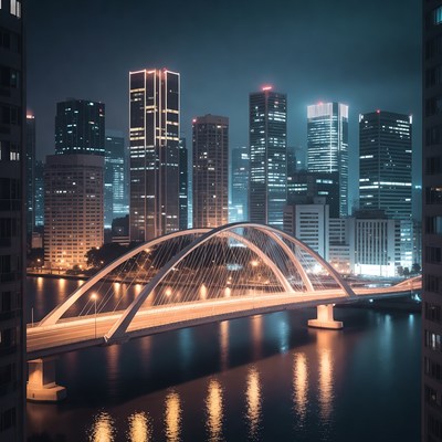 Illuminated Arch Bridge Over River at Night