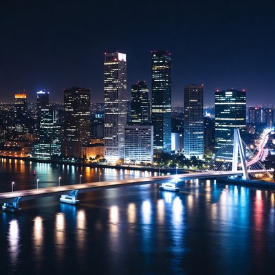 Night skyline with illuminated bridge
