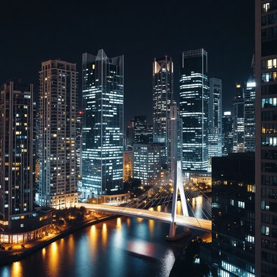 Night Skyline with Illuminated Bridge
