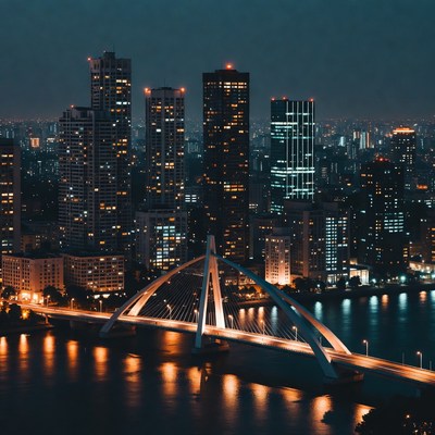 Night Skyline with Illuminated Bridge
