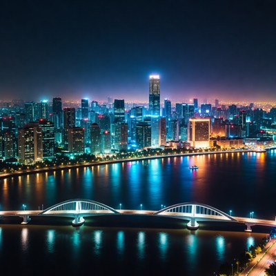 Night skyline with river and bridge