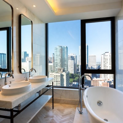 Luxury Bathroom with City Skyline View