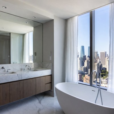 Modern Bathroom with Bathtub and City View