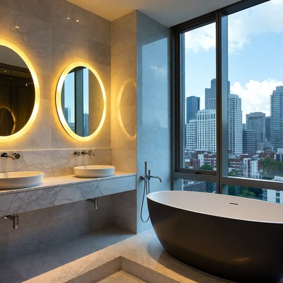 Luxury Bathroom with Bathtub and City View