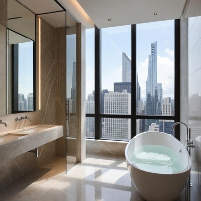 Luxury Bathroom with Bathtub and City View