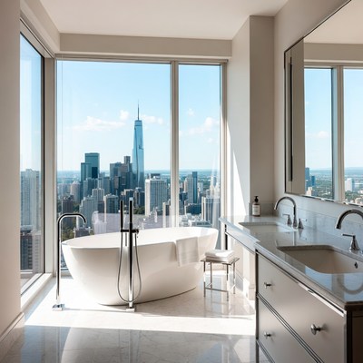 Luxury Bathroom with Bathtub and City View