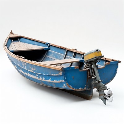 Old blue rowboat with outboard motor