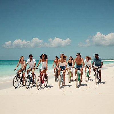 Group cycling on tropical beach