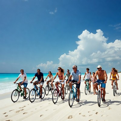 Group cycling on beach