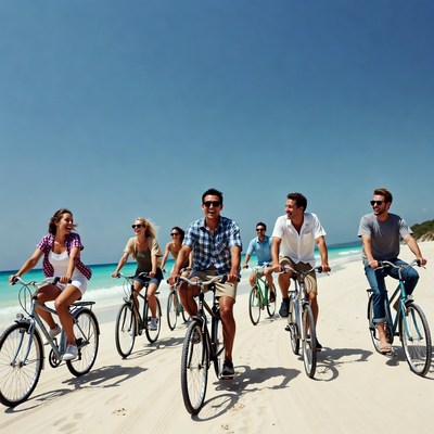 Group cycling on sunny beach