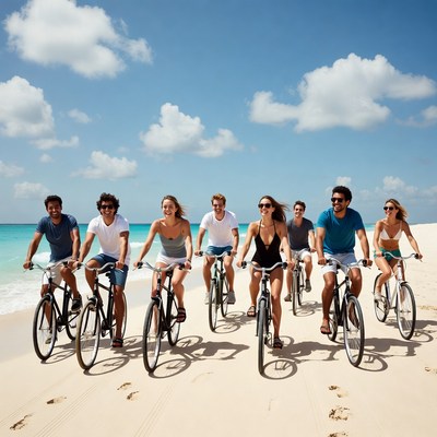 Group riding bikes on beach