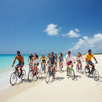 Group cycling on tropical beach